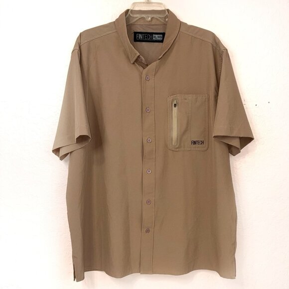 Fintech Fishing Shirt Mens XL Beige Vented Pocket Short Sleeve Moisture Control - Picture 1 of 10
